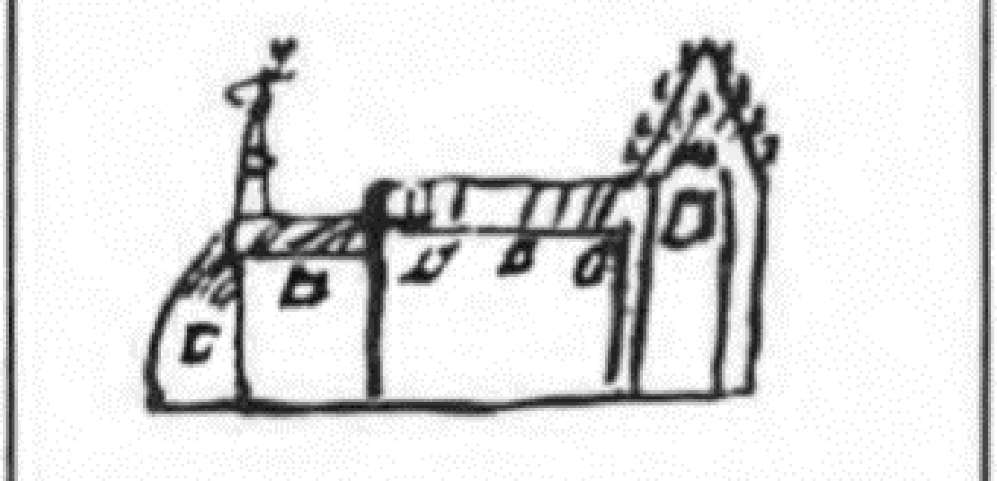 Skitse af Herrested Kirke anno 1589-98, besøgt under Biskop Jacob Madsens visitatser.