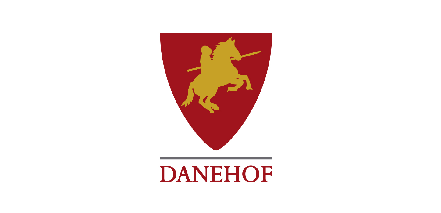 Danehofs eget logo - ridder på hest med skjold som baggrund