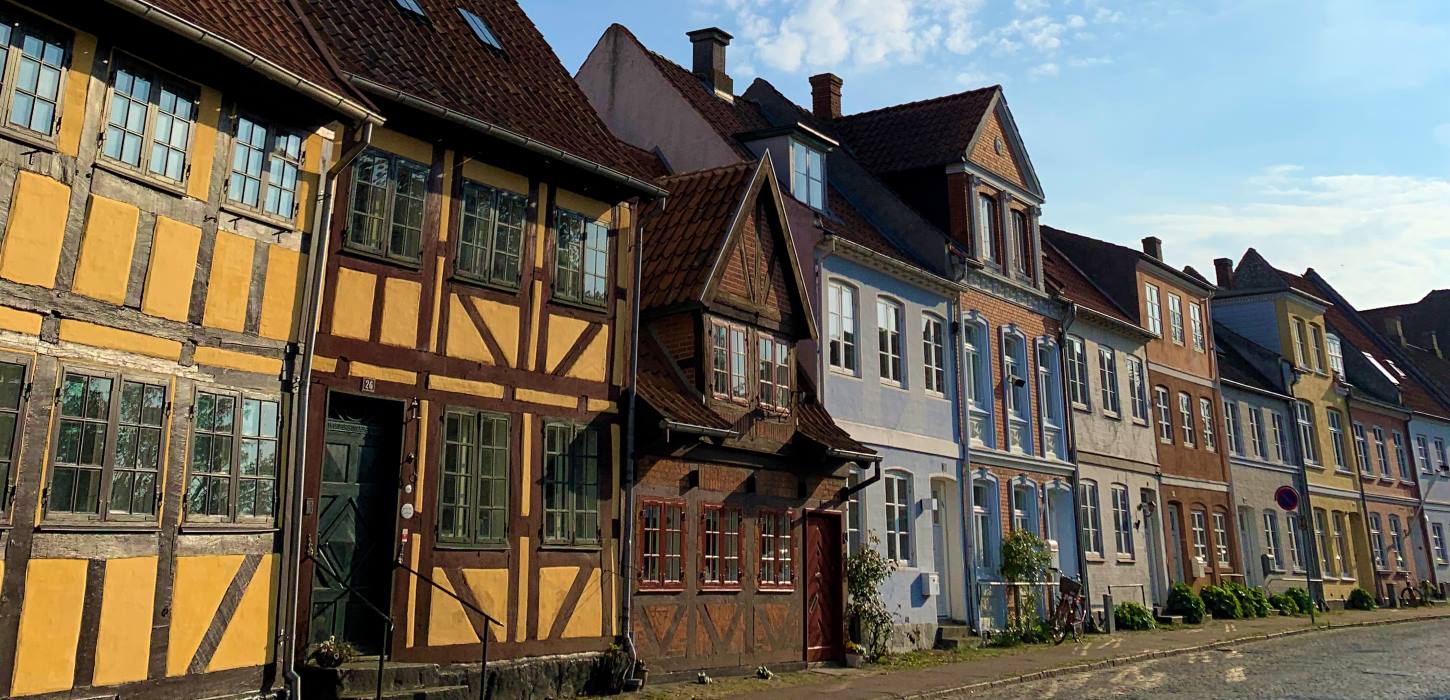 Charmerende Skippergade med farverige bindingsværkshuse